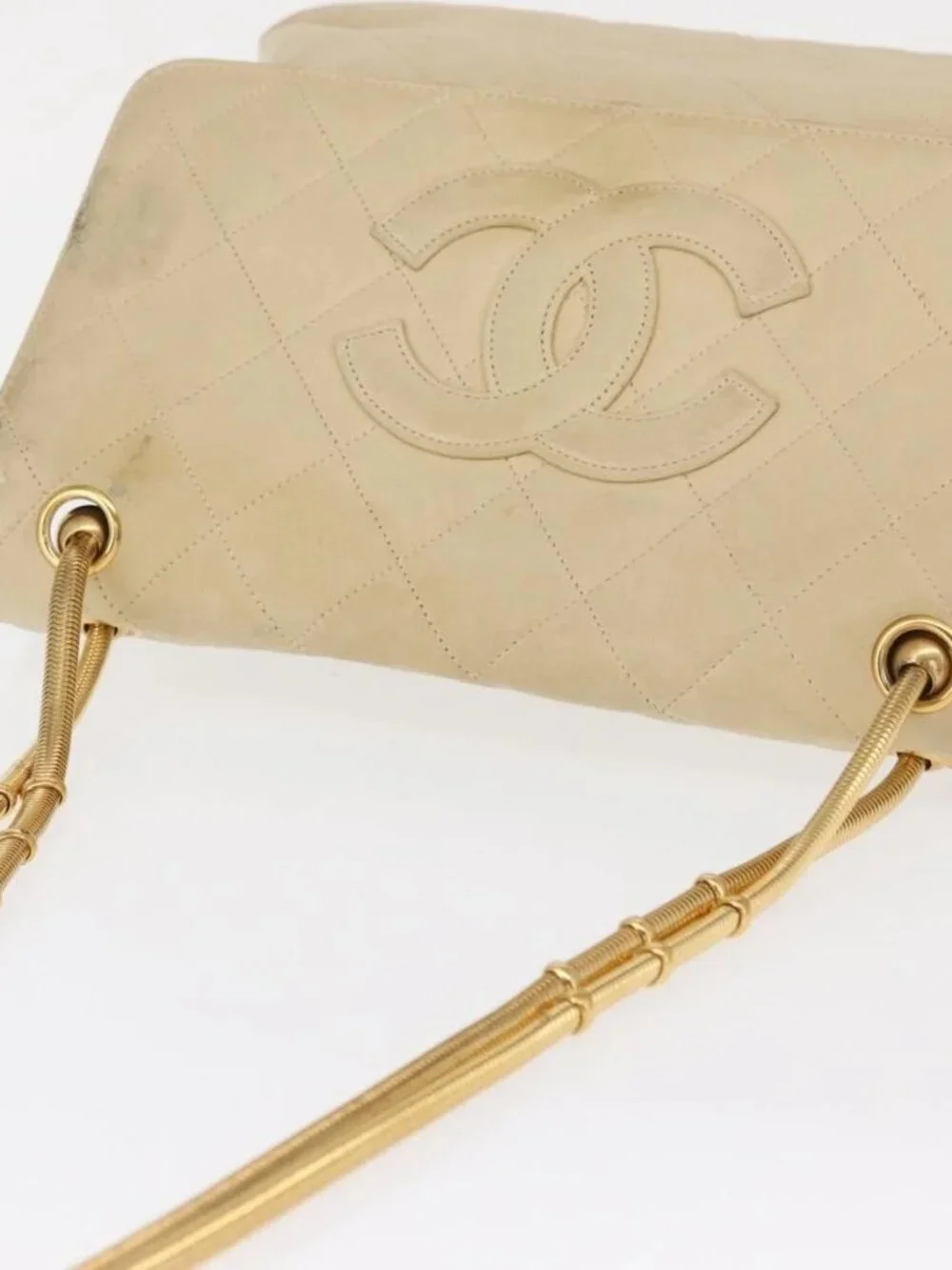 CHANEL Matelasse Chain Shoulder Bag Lamb Skin Ivory Gold CC Auth 164270